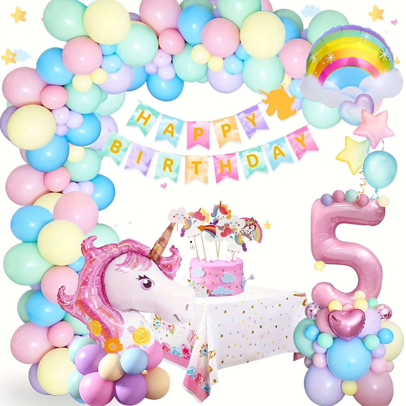 Unicornio Decoración Cumpleaños 4 Años,Globo de Unicornio Globos Fiesta  Decoracion Cumpleaños Niña con Globo rosa,Cake Topper,Banner Feliz