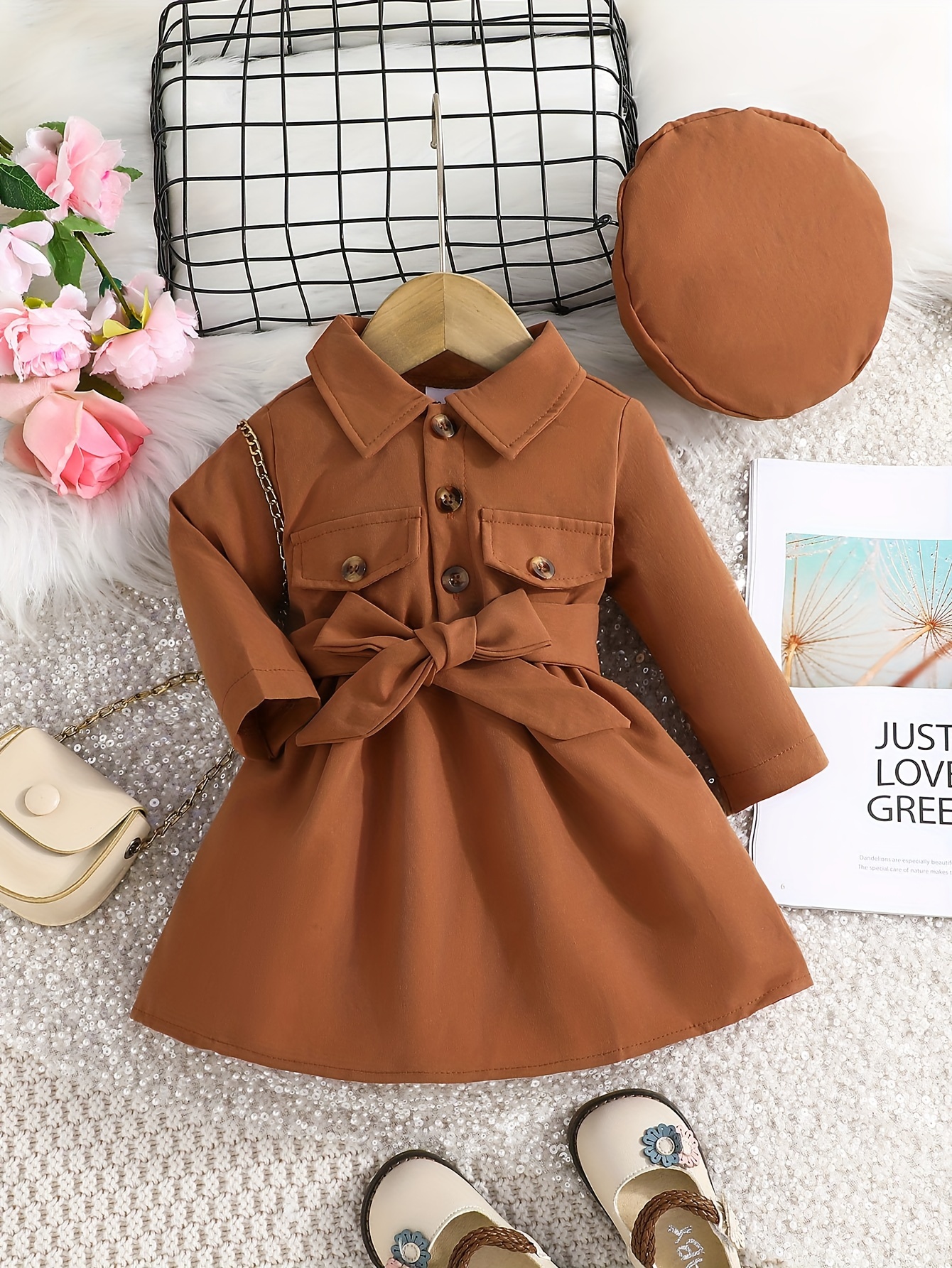 Baby Girls Fashion Autumn And Winter Thermal Belted Dress - Temu