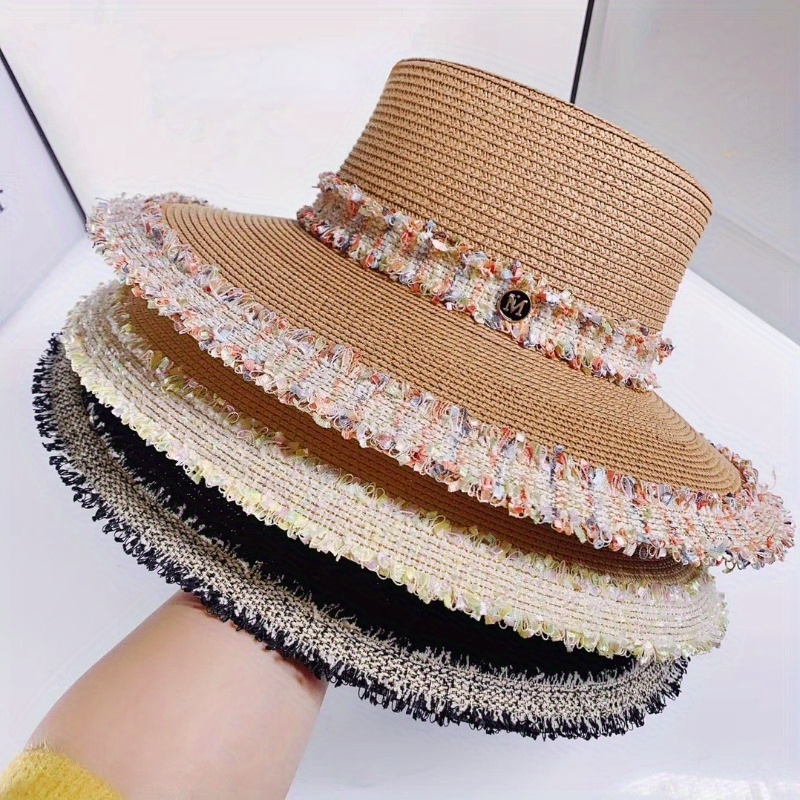 Classic Black Rope Decor Sun Hat Trendy Solid Color Wide - Temu