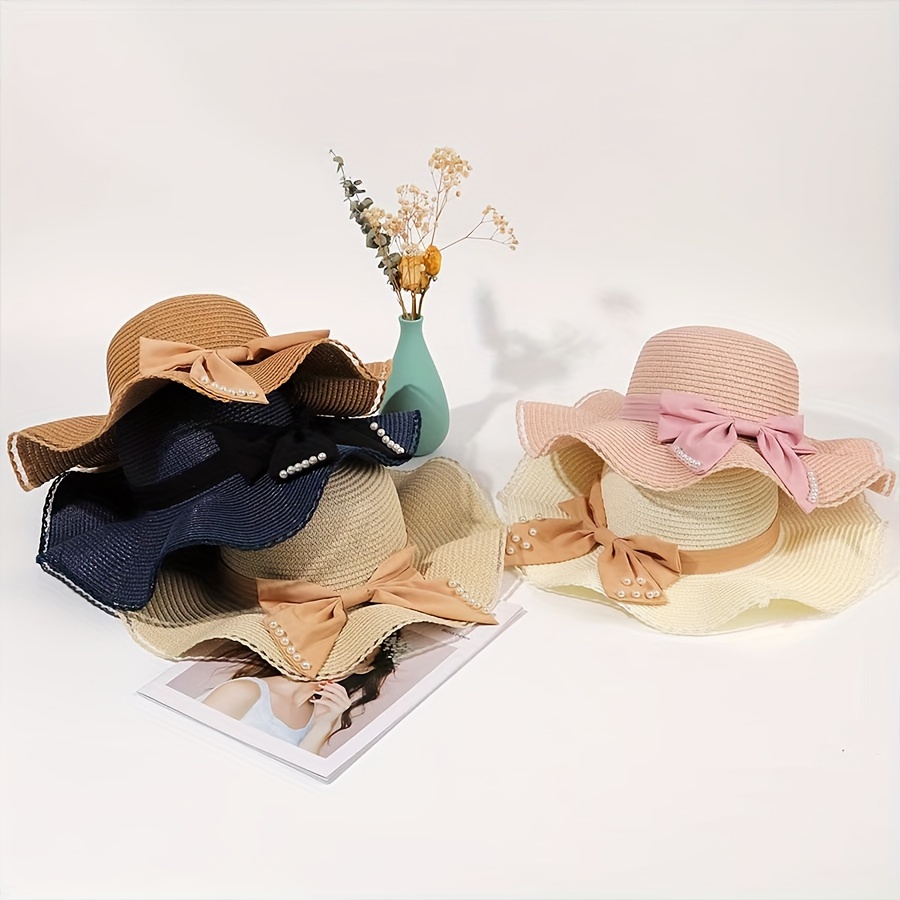 Beach Sunhat for Women with Faux Pearls Bowknot Decor Hollow Out Design  Women Fashion Sunhat Big Brim Floppy Hat