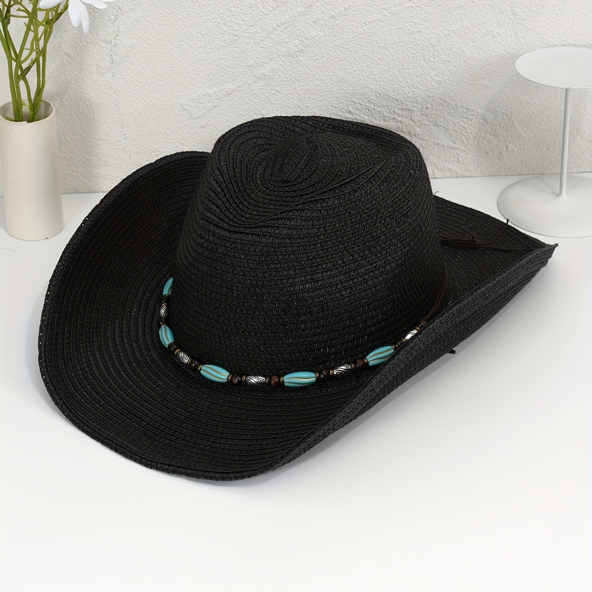 1pc women Belt Decor Straw Hat Tape Decor Boho Straw Hat Beach Hat