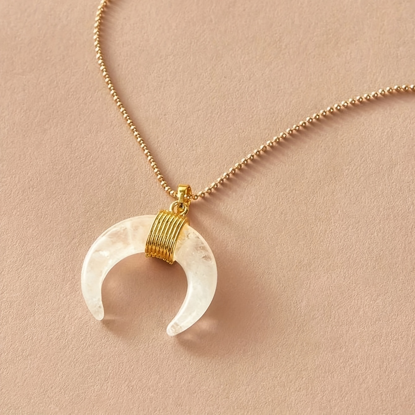 White Double Horn Charm Pendant, Crescent Horn, Gold Wire Wrap, Upside