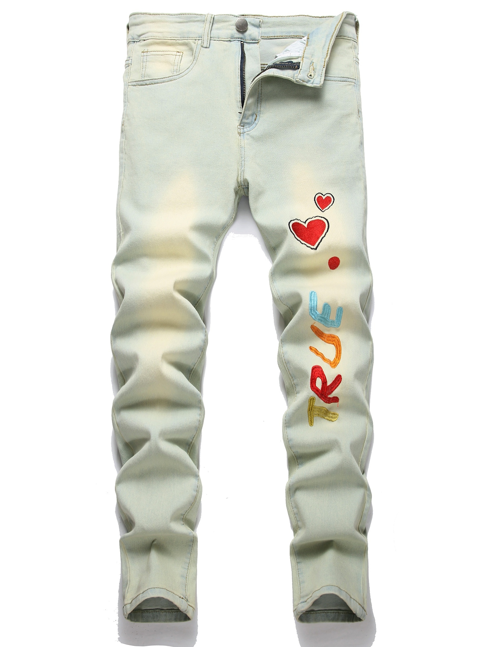 Kpop Loose Fit Heart Lightning Embroidery Jeans Men's Casual - Temu