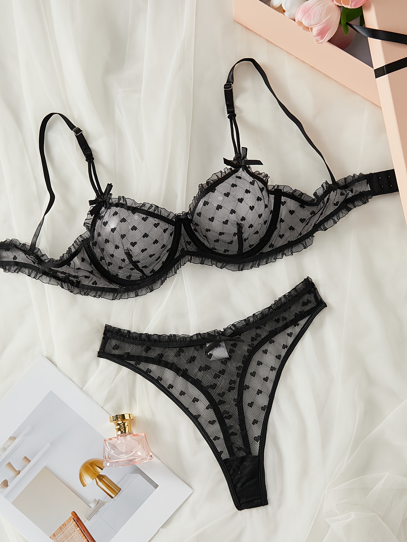 Black Sexy Push Up Bras And Panty Set Mesh Lace Korean Bras For