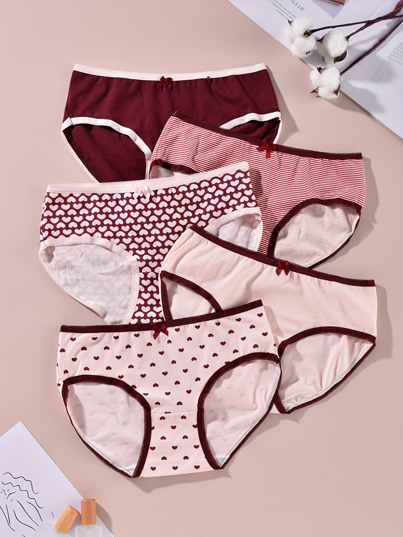 7pcs Heart & Plaid Print Briefs, Comfy & Cute Cartoon Intimates Panties,  Women's Lingerie & Underwear