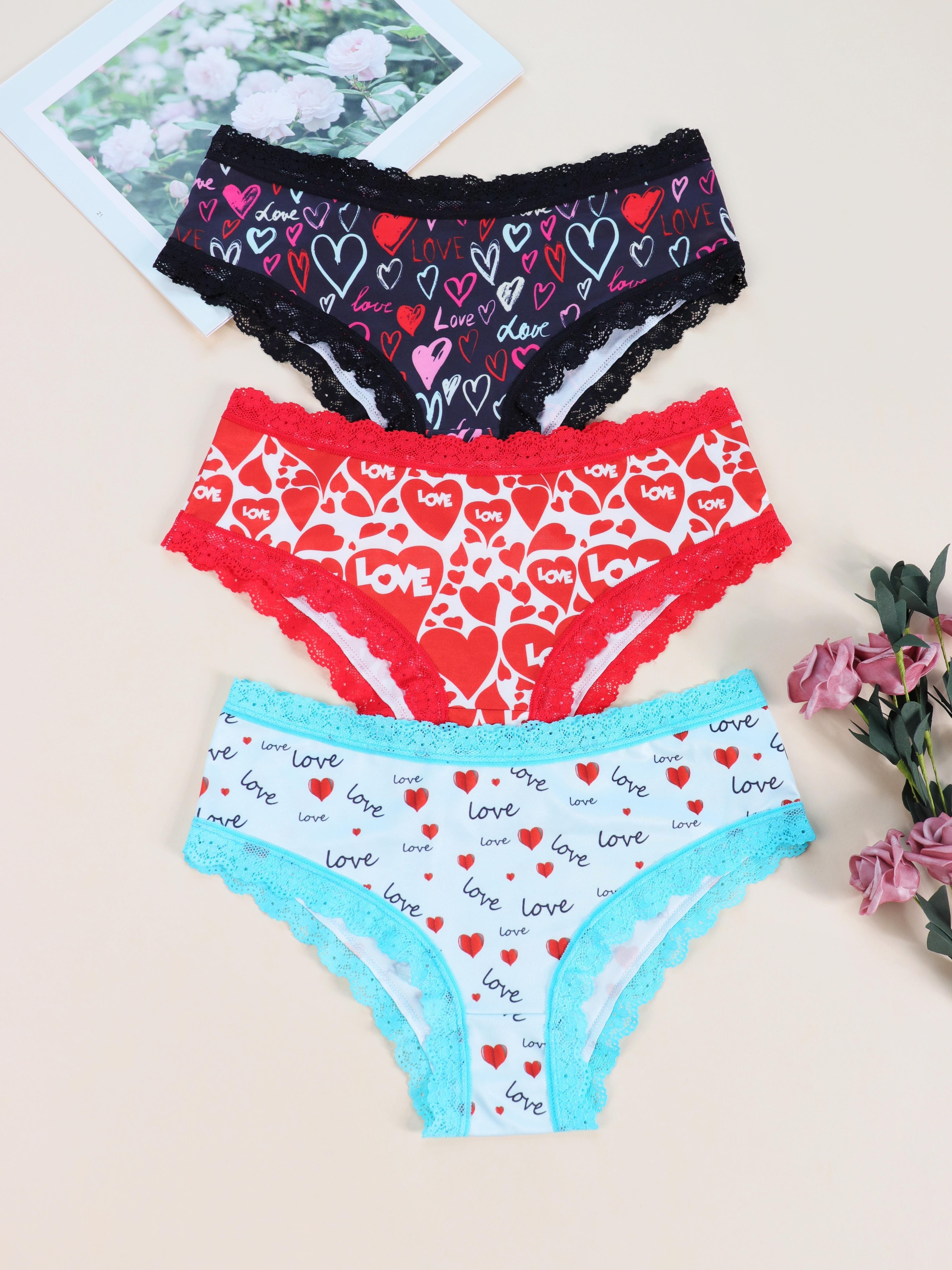 Heart Print Briefs Comfy Cute Bow Tie Intimates Panties - Temu