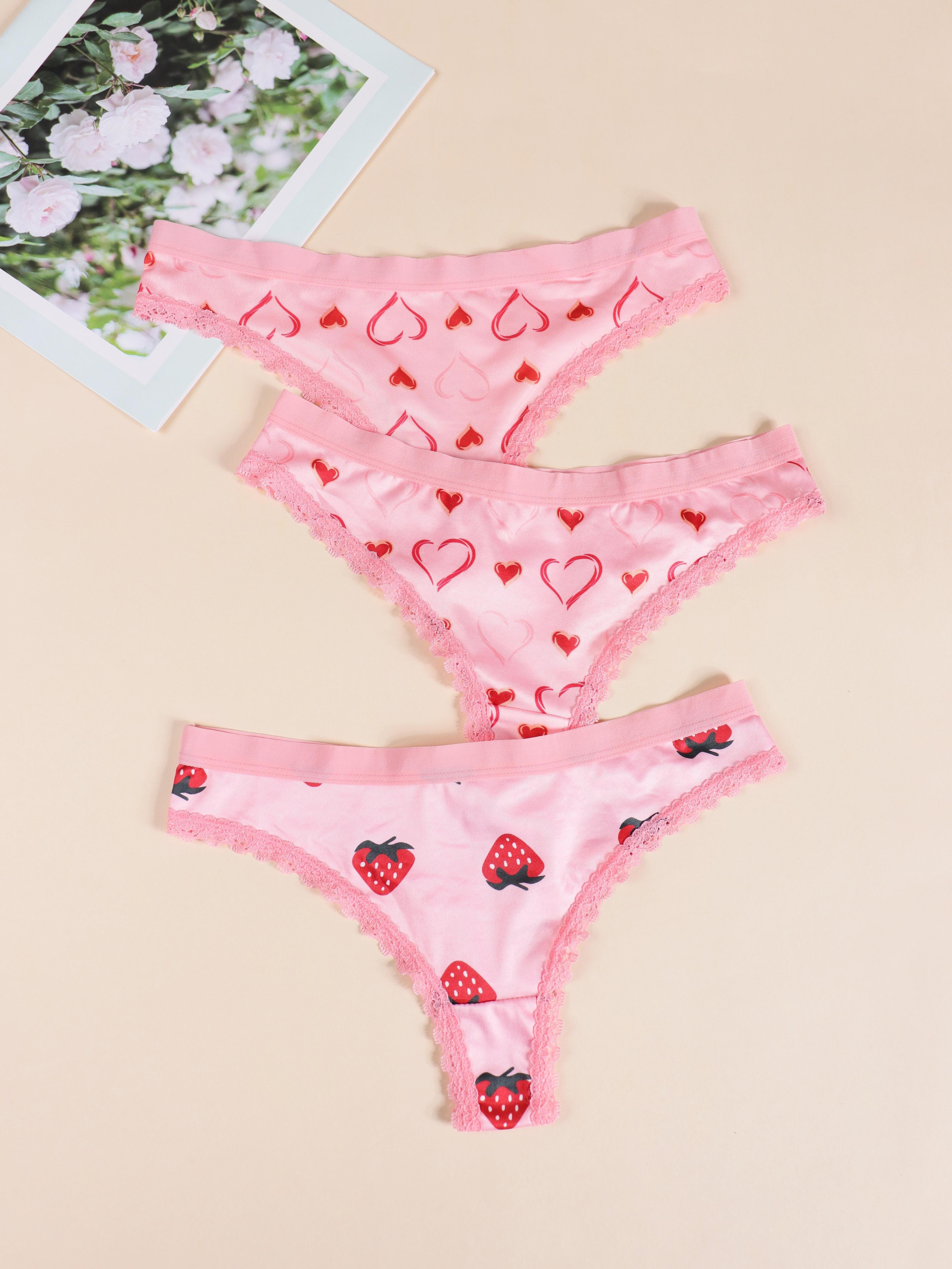 5 Pcs Strawberry & Heart Print Bikini Panties, Breathable * Waist Pure  Cotton Panties, Women's Underwear & Lingerie