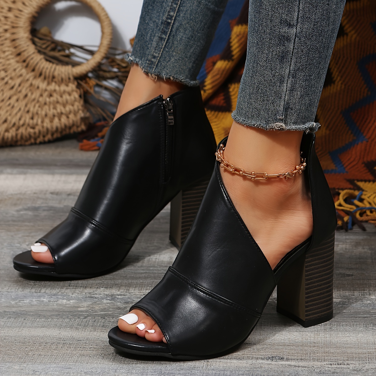 Women's Block Heeled Sandals Boots, Peep Toe Buckle Strap & Side Zipper  High Heels, Fashion Slingback Sandals