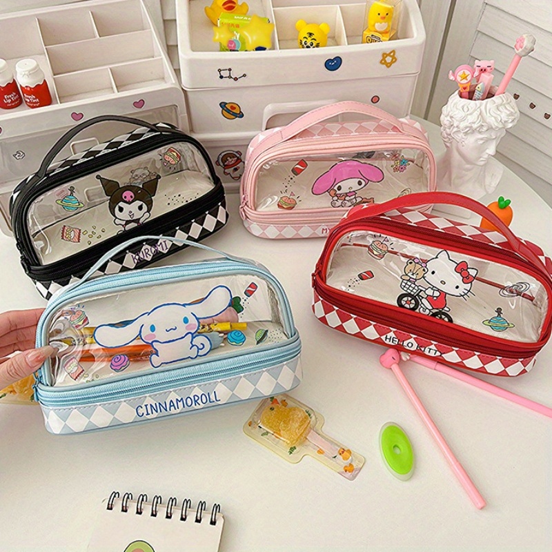 Sanrio Pencil Case Kuromi Pupils Girl Stationery Box Kawaii Hello Kitty  Transparent High Capacity Storage Bag Cinnamoroll Gift