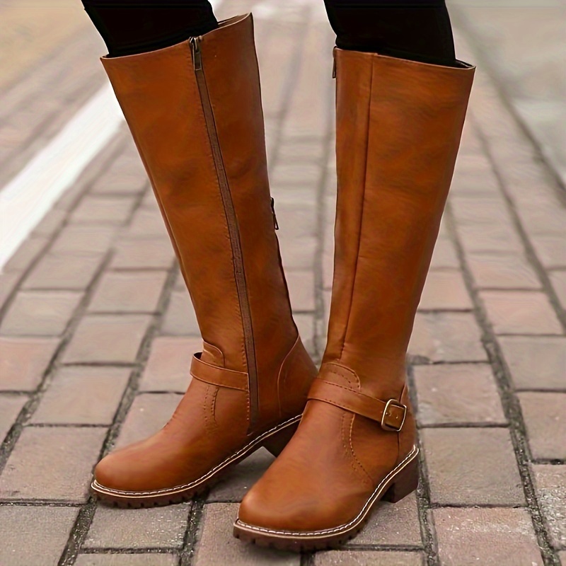 Botas de equitación para mujer, de piel sintética, con hebilla ancha, para  montar a la rodilla, botas de invierno