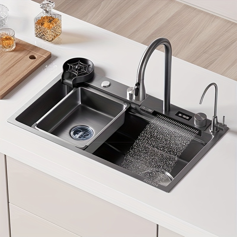 Fregadero de cocina de acero inoxidable negro Nano, accesorios de cocina en  cascada, lavabo de piscina, cuenco de fregadero individual, artículos de
