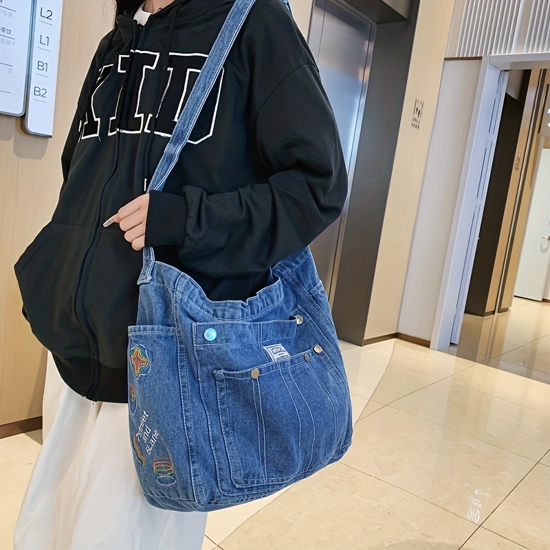 Large Capacity Denim Crossbody Bag, Solid Color Shoulder Bag, All-match  Trendy Bag With Multi Pockets - Temu