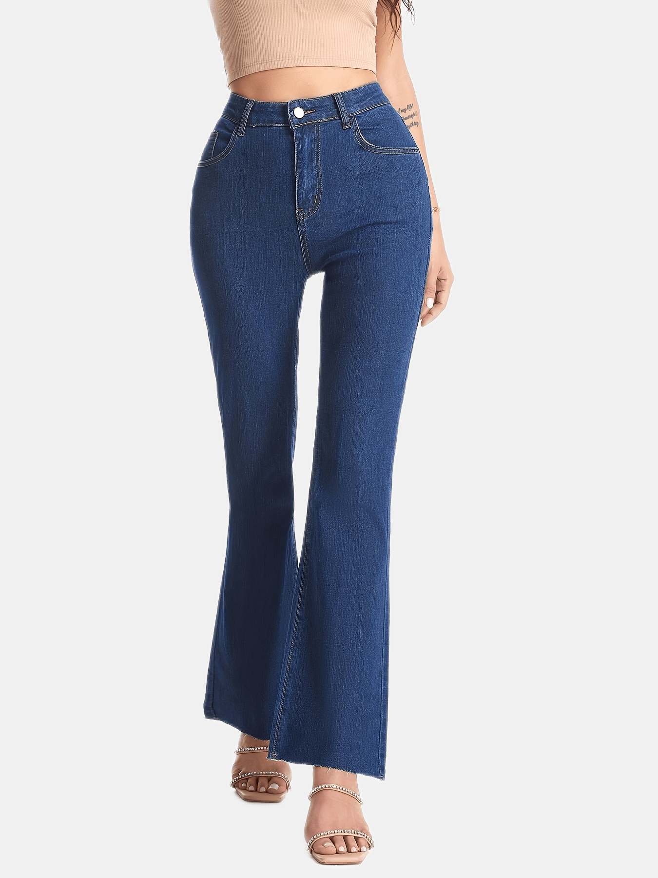 Dark Blue High Waist Flare Jeans, Slash Pockets Slim Fit High Rise Bell  Bottom Raw Hem Denim Pants, Women's Denim Jeans & Clothing