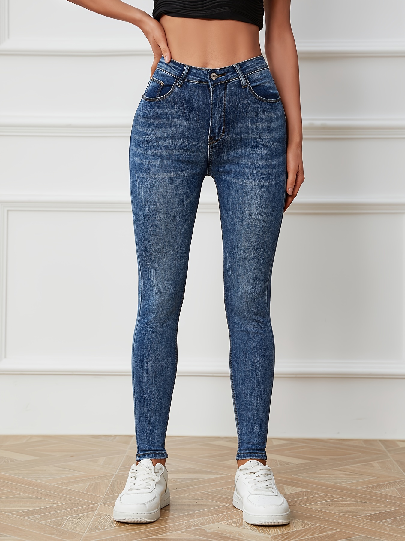 Plain Slim Fit Skinny Jeans, High-Stretch Button Closure Versatile Tight  Jeans, Women's Denim Jeans & Clothing