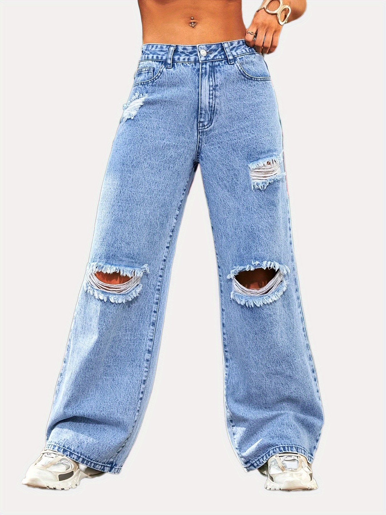 High Rise Ripped Loose Boyfriend Jeans, Straight Leg Distressed Stacked Mom  Jeans, Women's Denim Jeans & Clothing