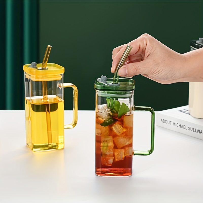 Square Mug,Glass Mug Square 400ml Drinking Glass Cups,Cup with Lids and  Straws Handle,Drinking Glass Bottle Transparent Drinkware,Heat Resistant  clear Teacup Reusable,Juice Beverage B 