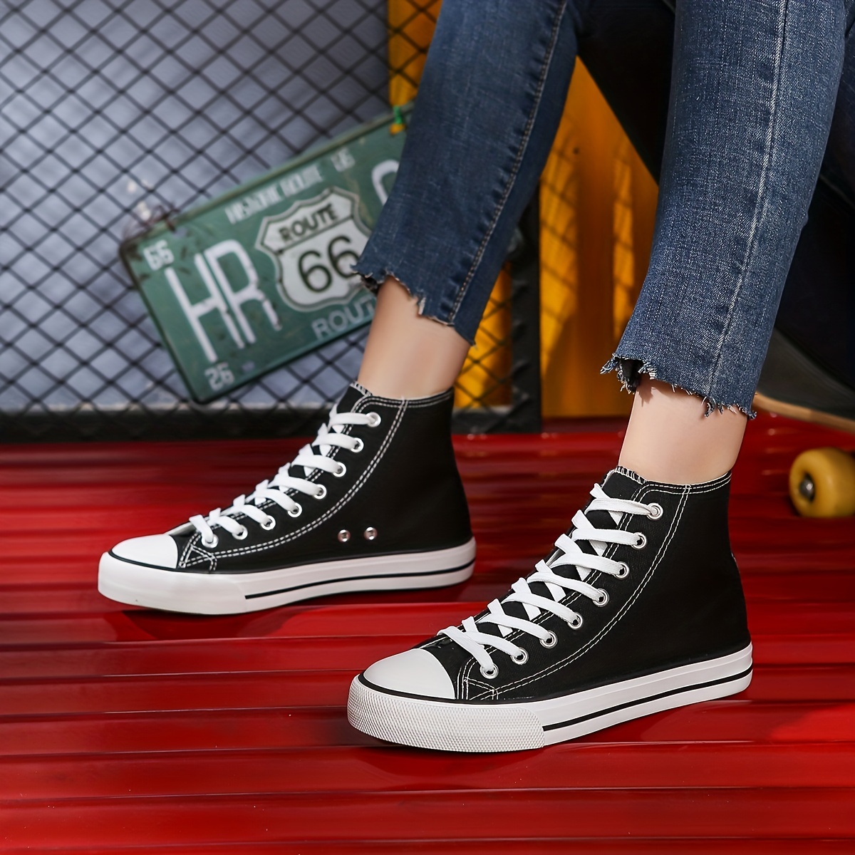 Heart & Ecg Print Canvas Shoes, Lace Up High Top Thick Soled