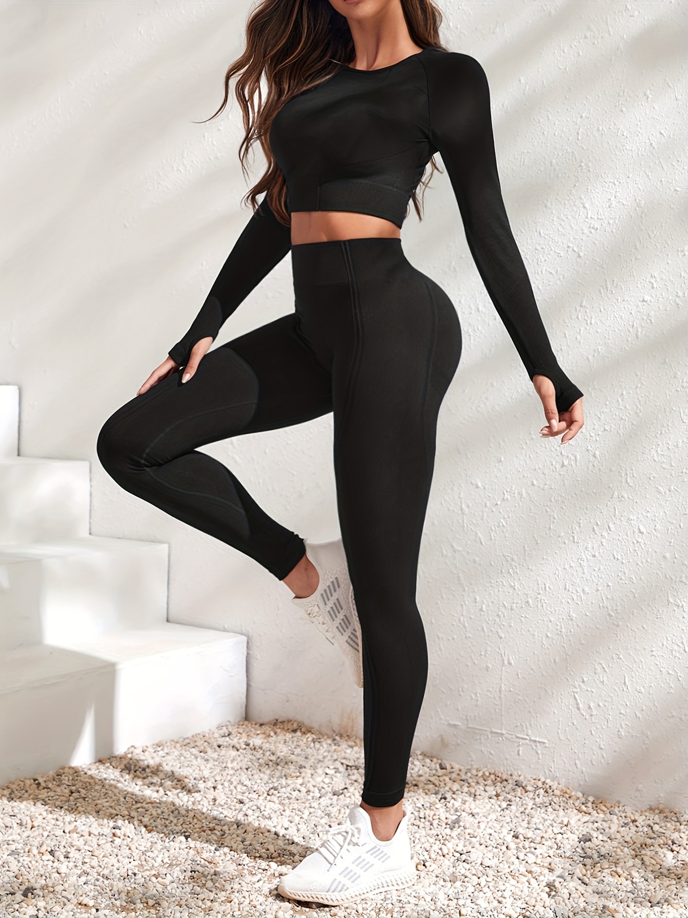 Women's Workout Sets 2 Piece Thumbhole Solid Color Clothing Suit Dark Grey  Black Spandex Yoga Fitness Gym Workout Tummy Control Butt Lift Breathable L