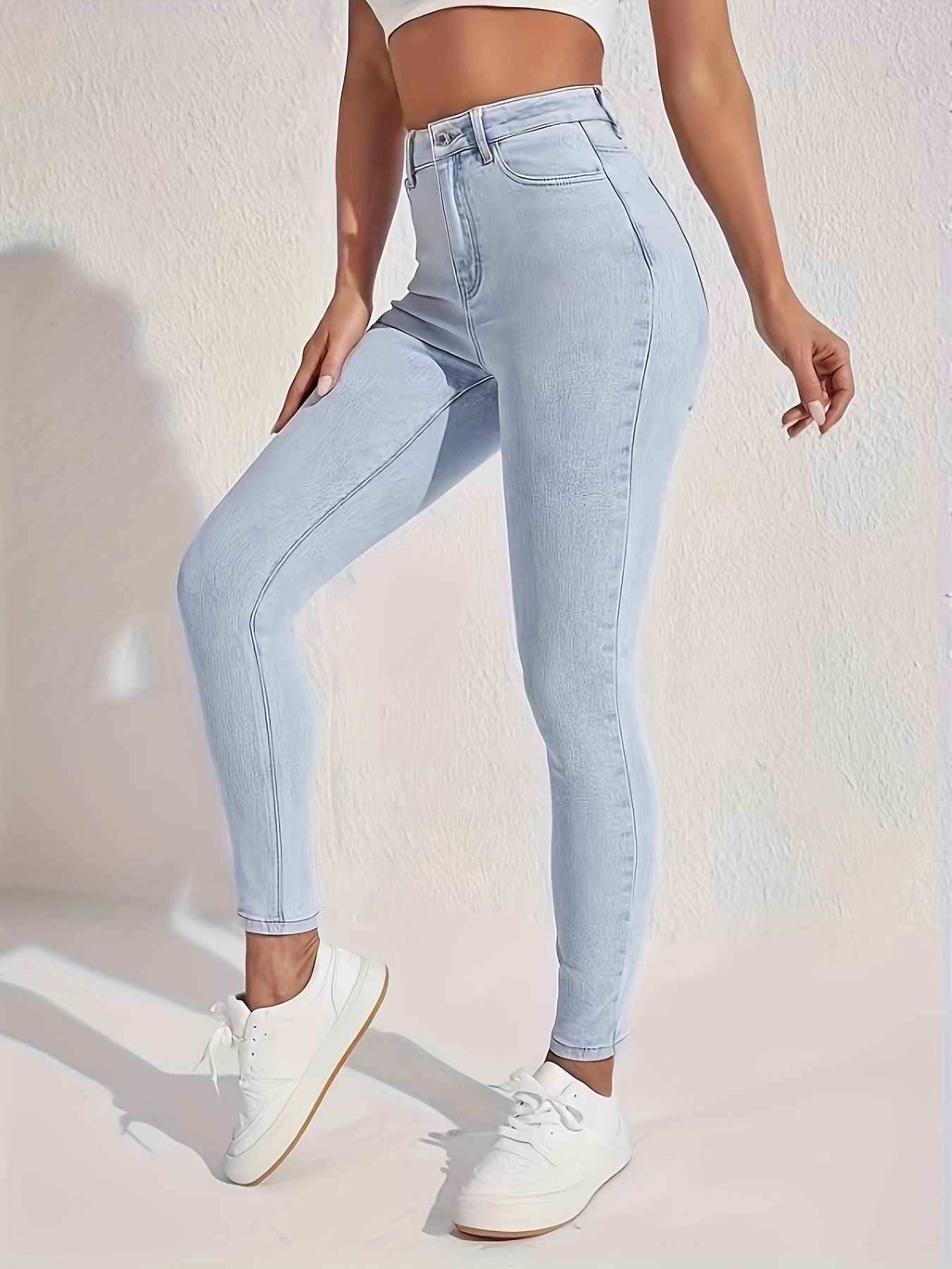 Double Button High Rise Mom Jeans, Light Washed Blue Slash Pocket Casual  Plain Straight Leg Denim Pants, Versatile Pants For Every Day, Women's Denim