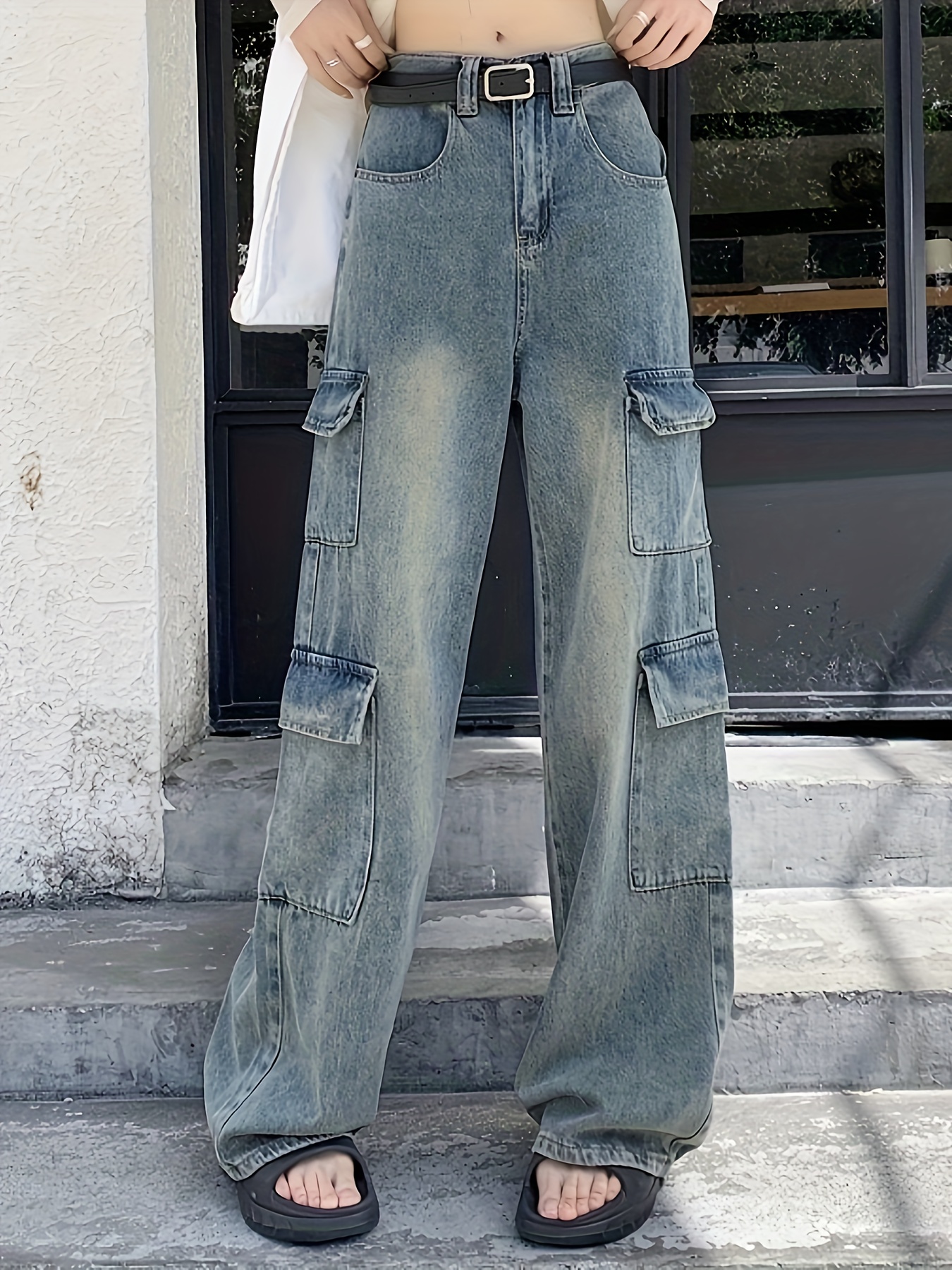 Washed Wide Leg Baggy Jeans Solid Color Loose Fit Street - Temu