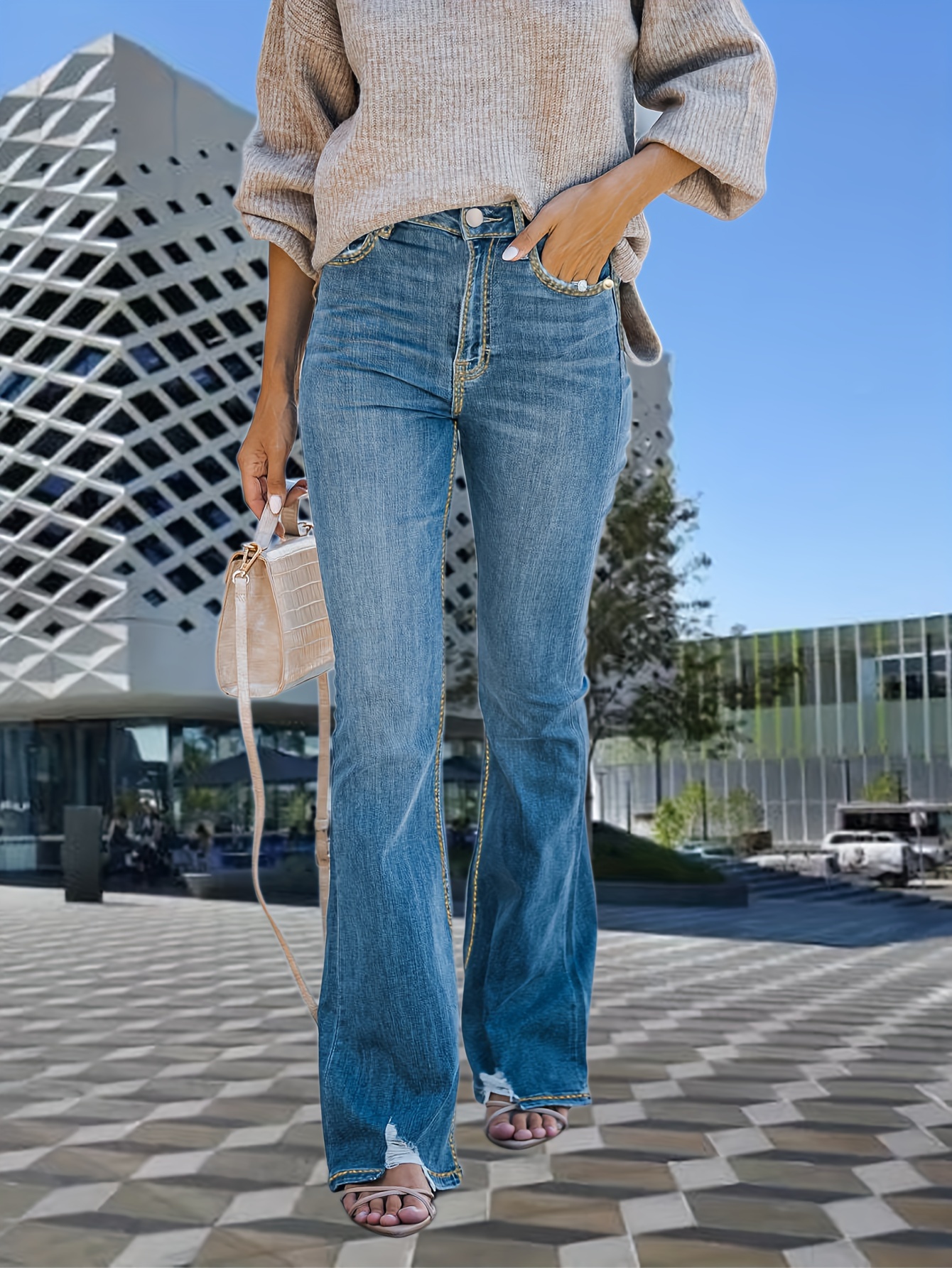 Double Button High Rise Mom Jeans, Light Washed Blue Slash Pocket Casual  Plain Straight Leg Denim Pants, Versatile Pants For Every Day, Women's Denim