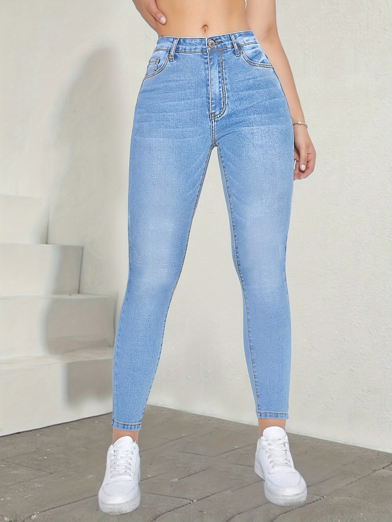 Studded Decor Casual Skinny Jeans Slim Fit High Stretch - Temu