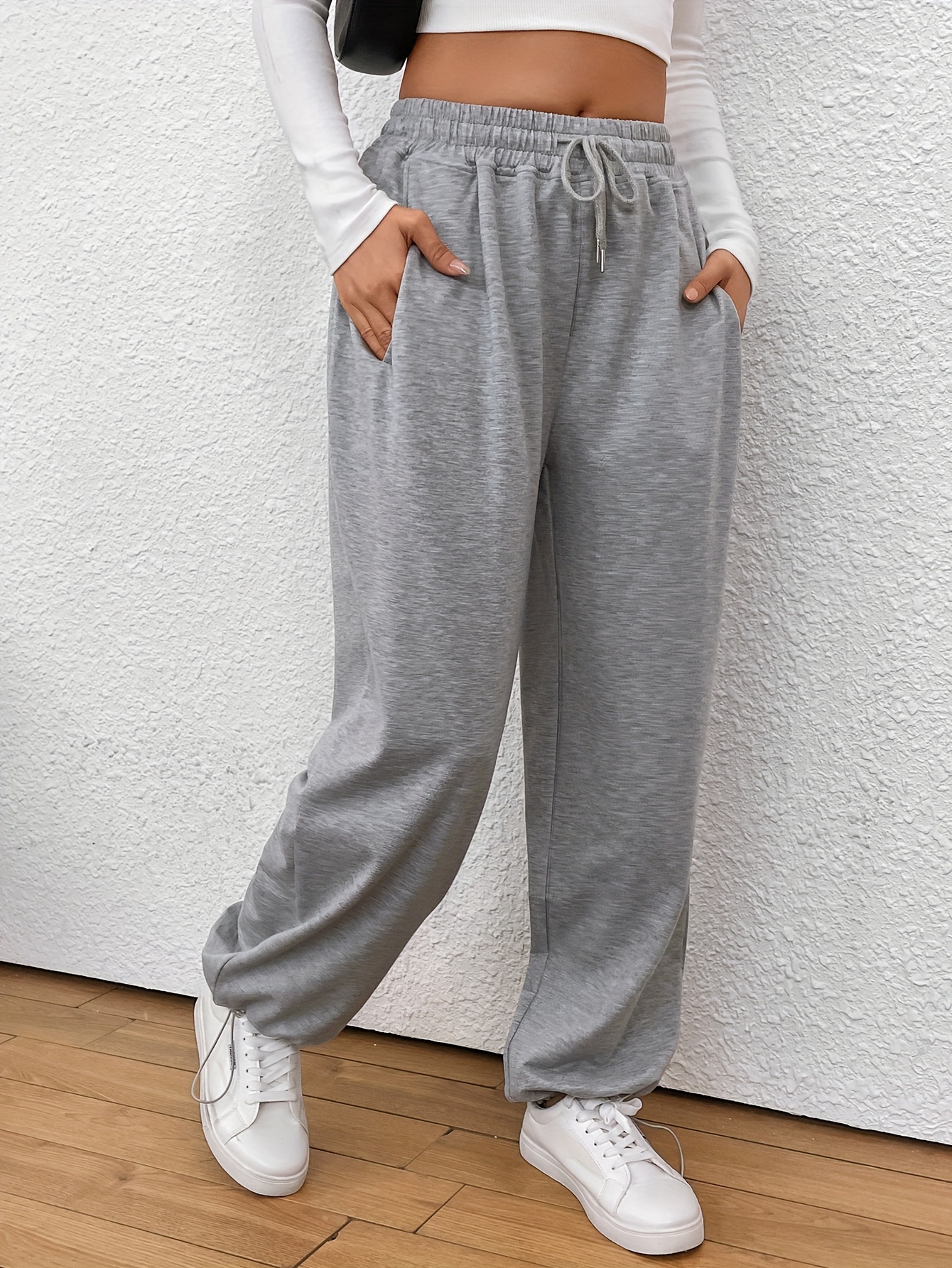 Women's Gray Drawstring Sweatpants Patched Pockets Invisible - Temu