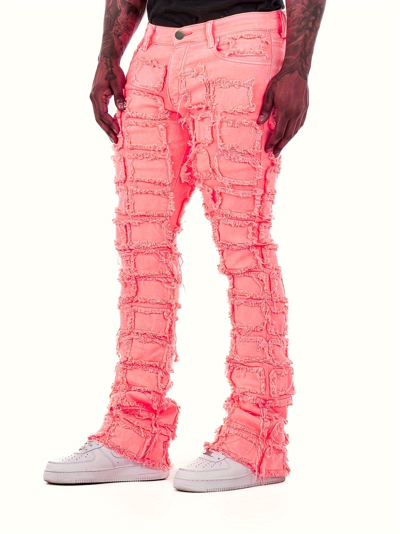 Men Pink Denim Pants Loose Straight Leg Jeans Trousers Casual Hip Hop Cargo  Pink