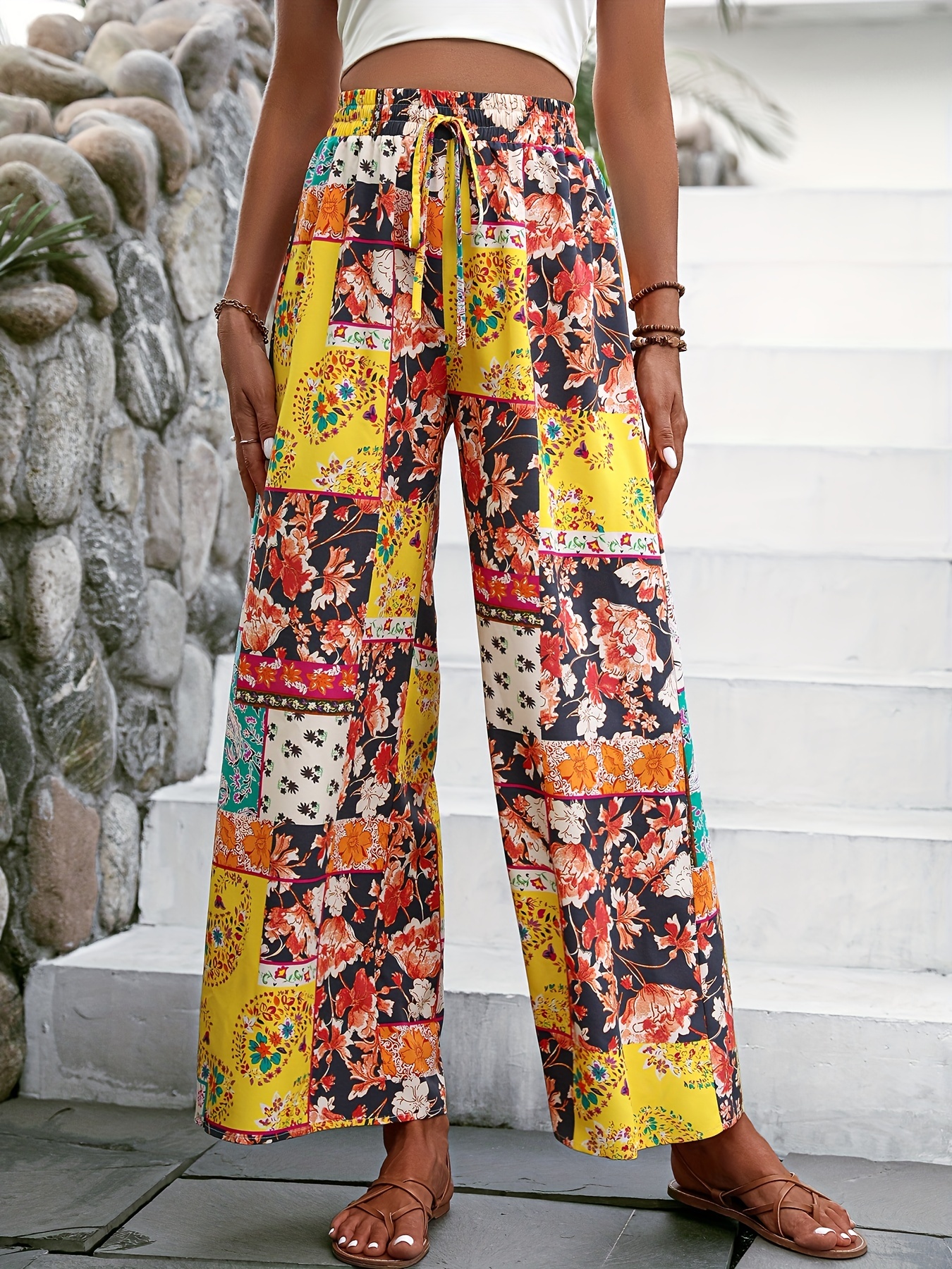 Floral Print Flare Leg Pants, Boho Forbidden Pants For Spring & Summer,  Women's Clothing - Temu Malaysia