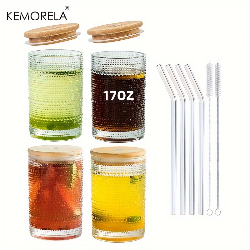 2 Pcs Ribbed Glassware Drinking Glasses with Bamboo Lid and Straws, 17oz  Ripple Glass Cups Iced Coffee Glasses, Wave Shape Beverage Glasses, Tumbler