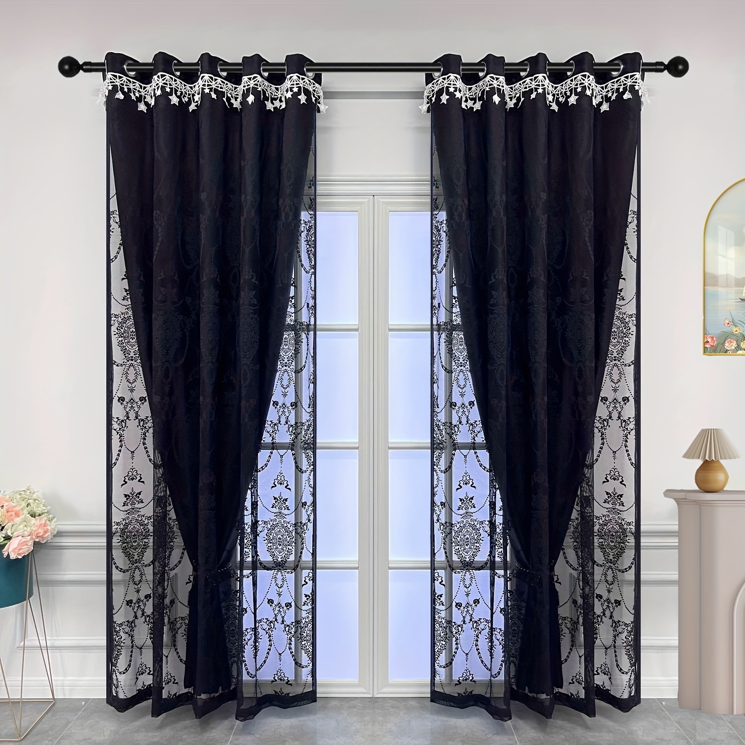 Cortina de ventana de doble capa, elegante cortina de encaje bordado y  cortina de sombreado opaco, panel de cortinas con ojales sólidos para sala  de