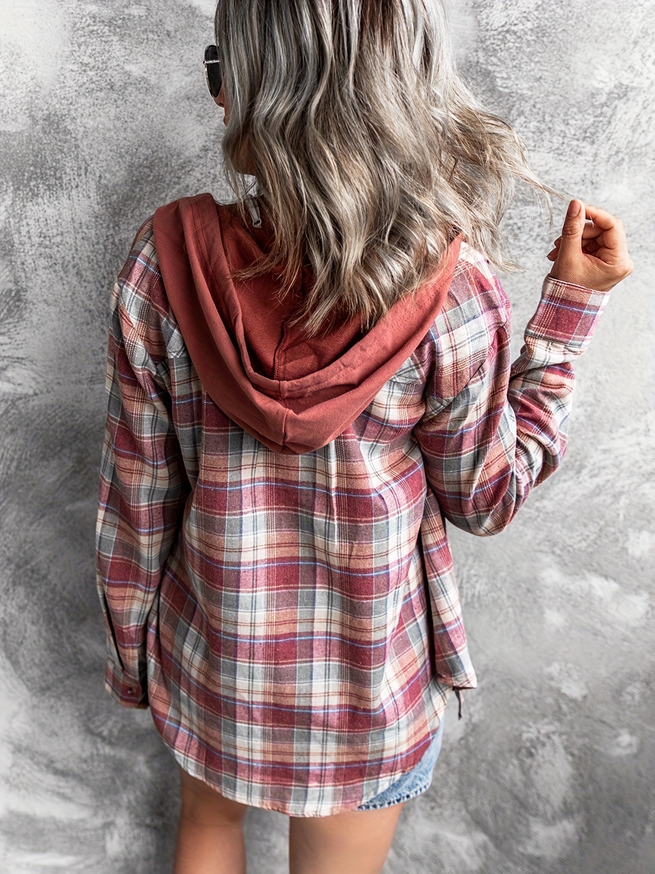 Patchwork Print Button Hoodie, Casual Long Sleeve Drawstring Hoodies  Sweatshirt, Women's Clothing - Temu