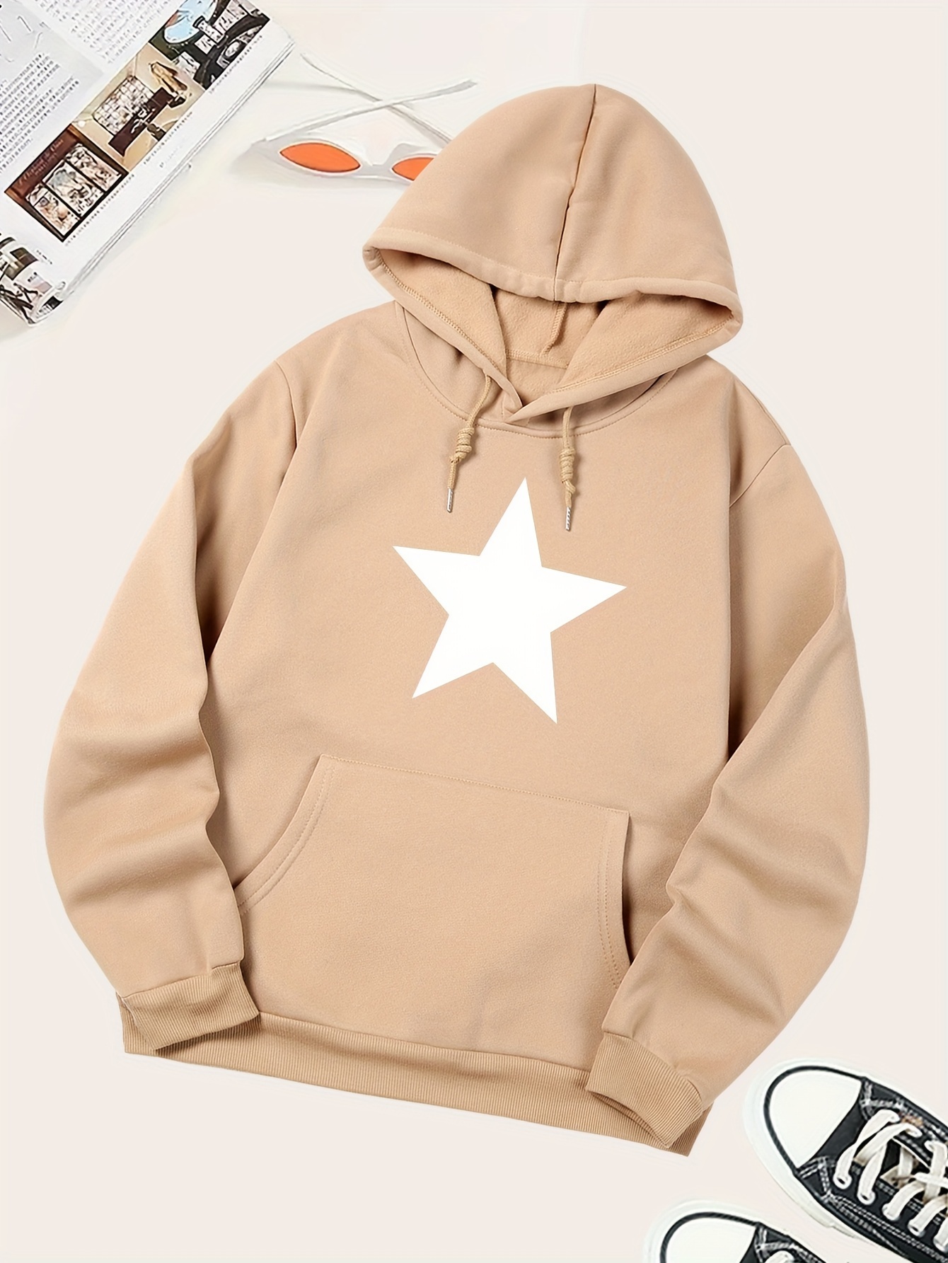 Star Pattern Drawstring Hoodie, Y2K Long Sleeve Hooded Sweatshirt, Women's  Clothing