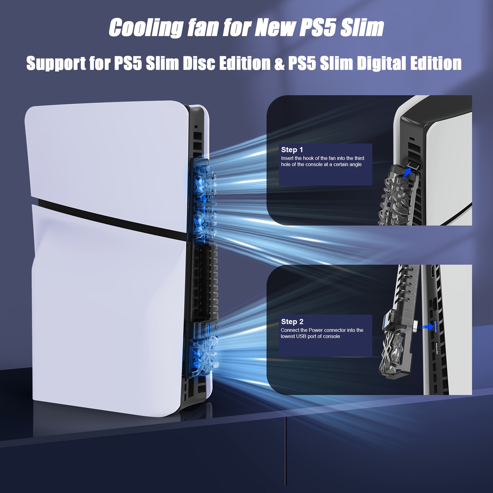 Soporte delgado para PS5 con estación de enfriamiento y  estación de carga para controlador PS5 Slim Console Disc/Digital, para accesorios  PS5, ventilador de refrigeración, luz RGB, soporte para : Videojuegos