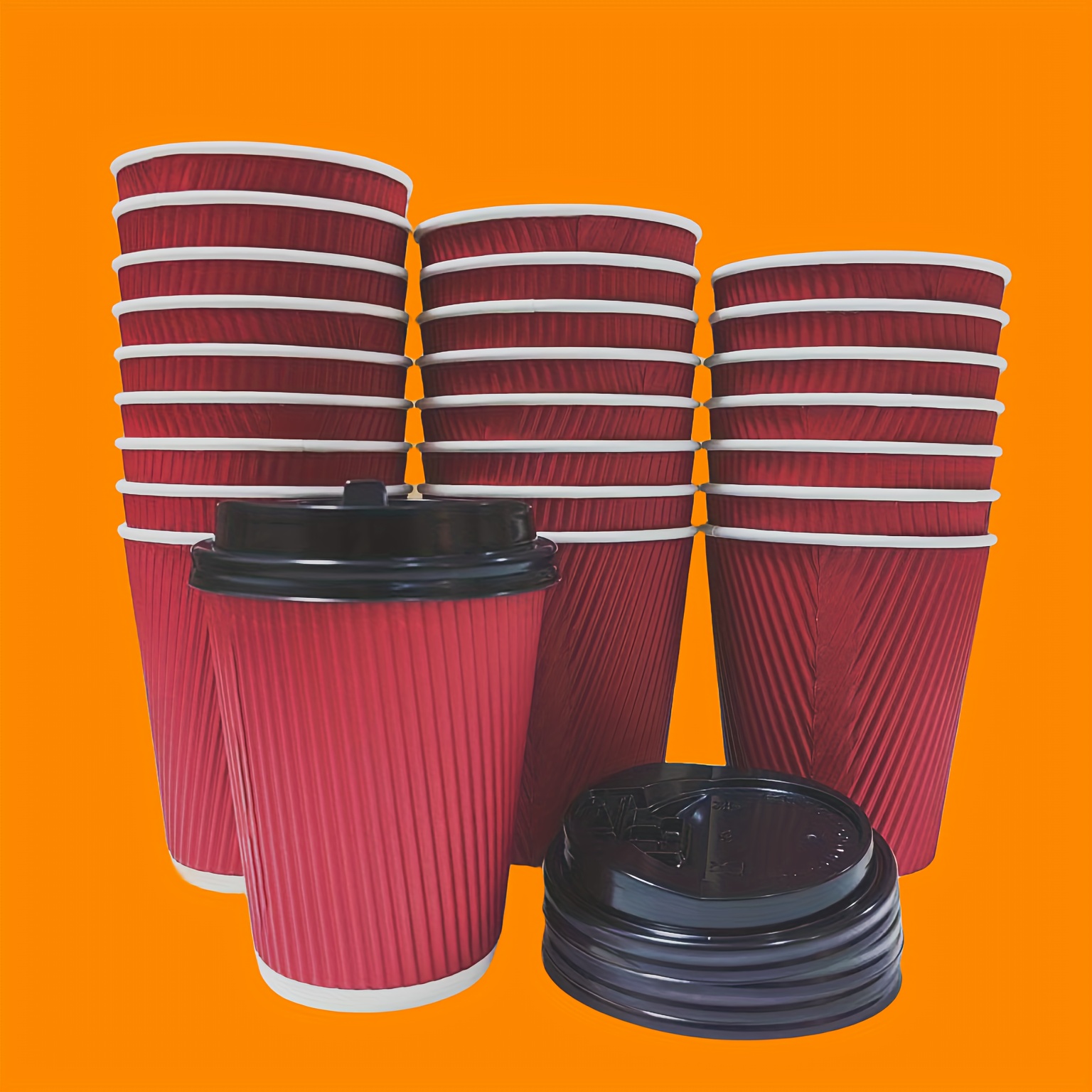 Disposable Coffee Cups w/ Dark Red Double Wall Insulated Ripple Sleeves  [500 Pieces]