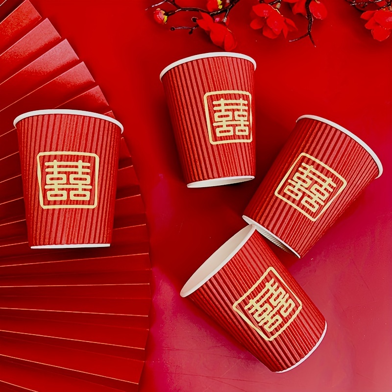 100pc Disposable Chinese Red Wedding Supplies Decor Banquet Paper Cups Wood  Pulp