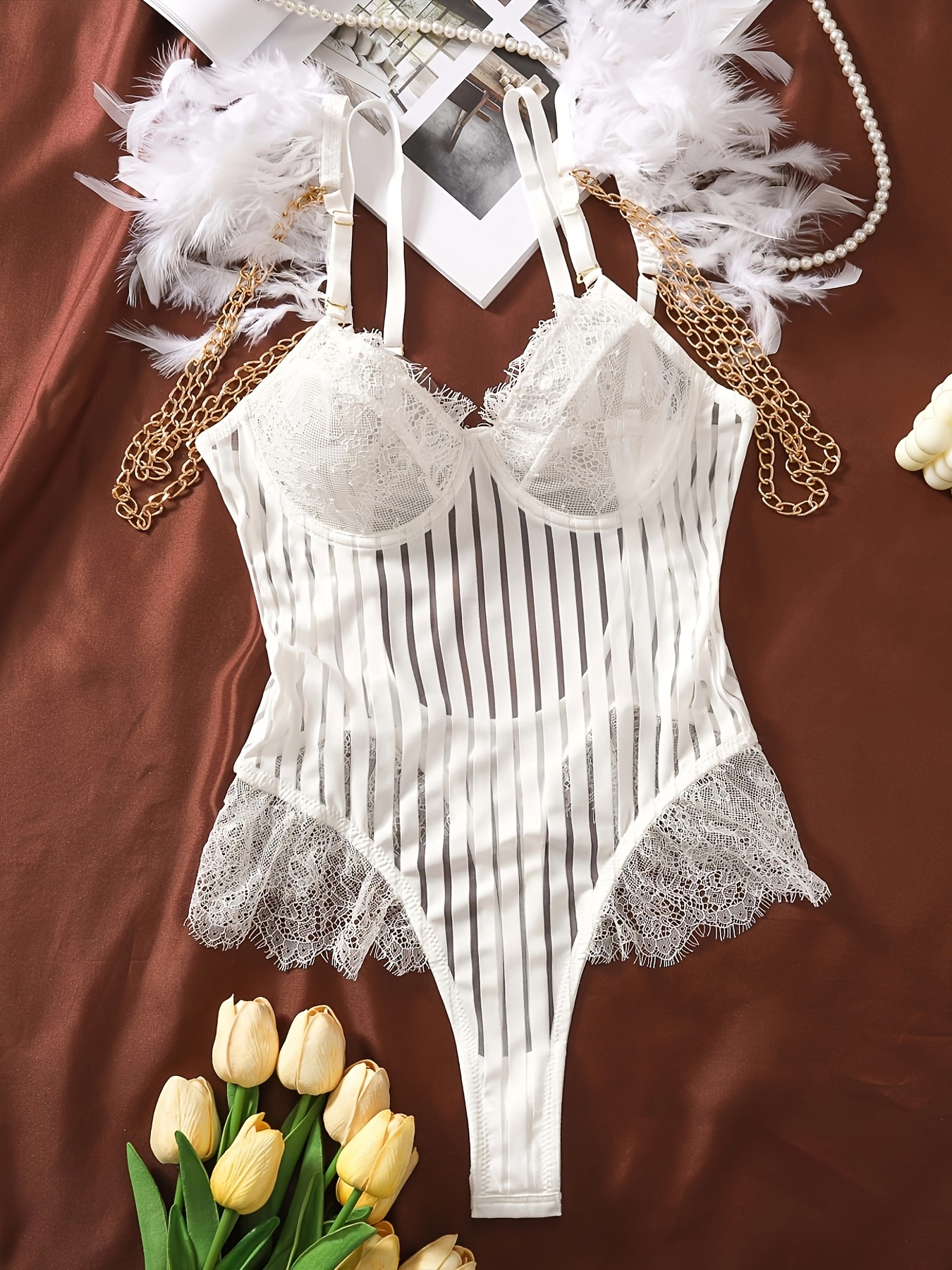 WHITE Strappy lace bodysuit, Womens Lingerie