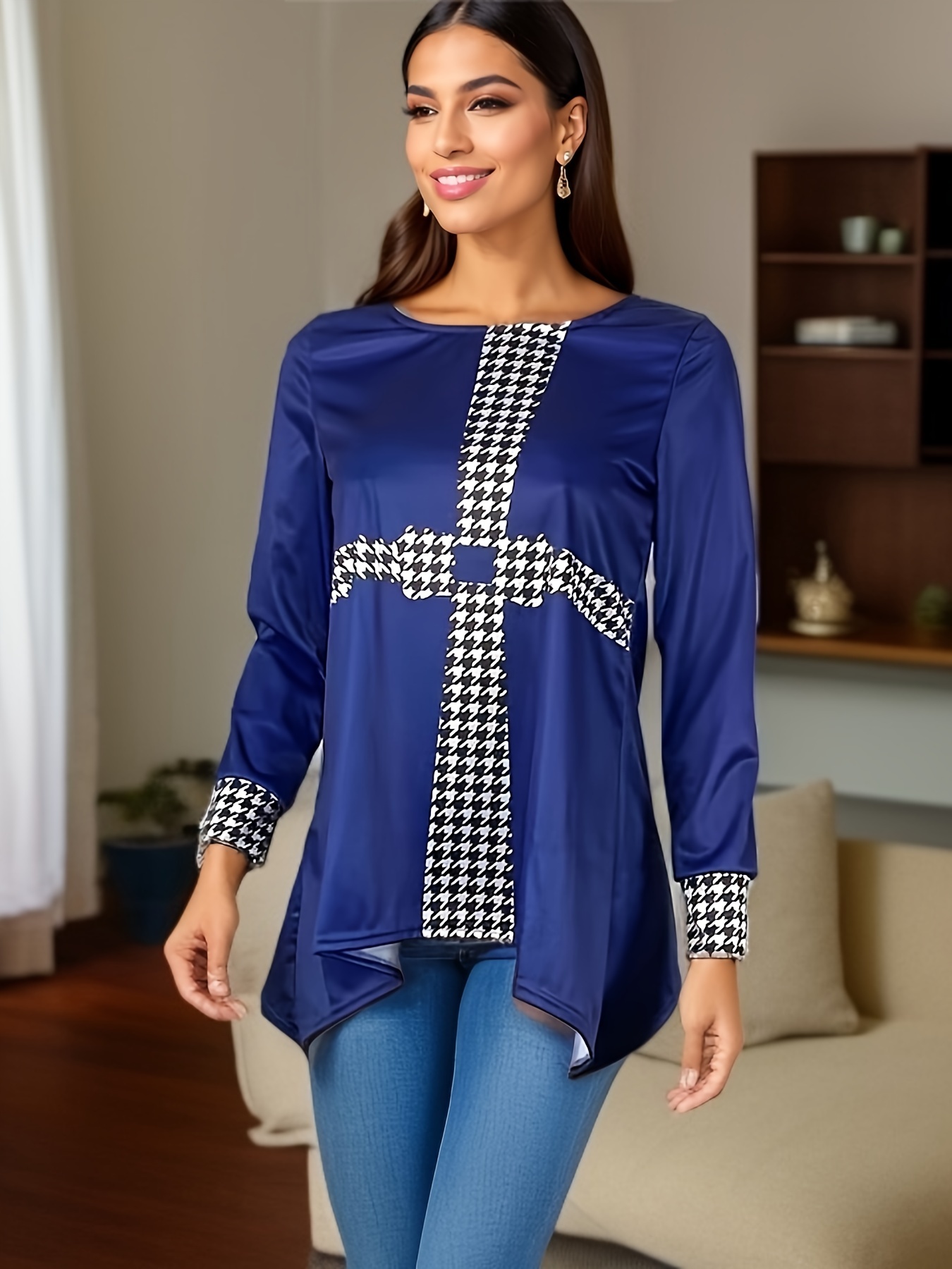 Blusas de mujer Camisa de pata de gallo elegante para mujer Blusas  informales de manga larga con costura de volantes a la moda