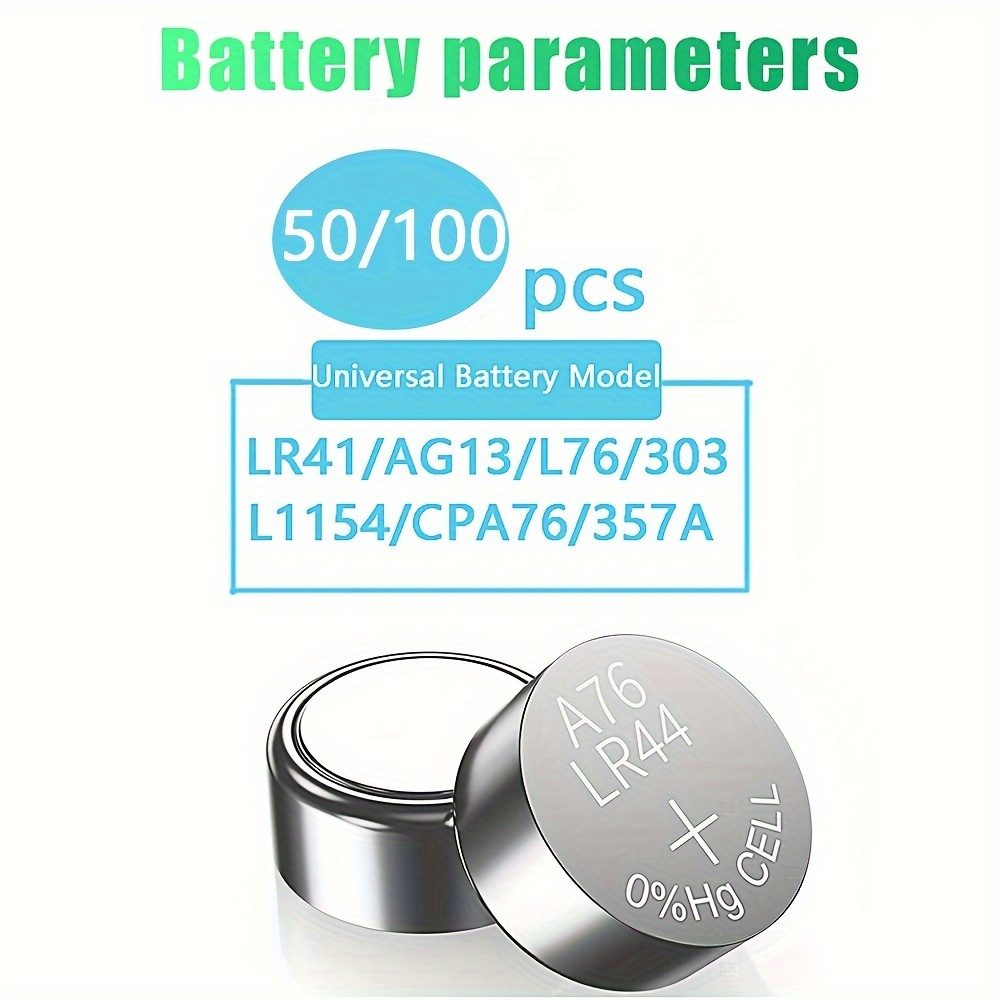  100 Pack AG13 LR44 Lr 44b l1154c SR44 Alkaline Batteries A76  357 303 1154 1.5 Volt Batteries Button Coin Cell Battery : Health &  Household