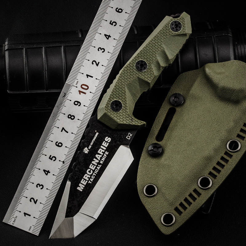  Bushcraft - Cuchillo de supervivencia  Cuchillo de caza de  hoja fija de espiga completa para acampar al aire libre, en vaina, regalo  para él, cuchillo de acero D2, raspador de