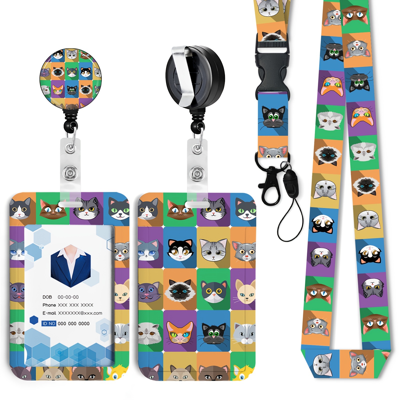 ID Card Badge Holder w/ Retractable Reel Strap Lanyard Cartoon Cat Vertical  Case