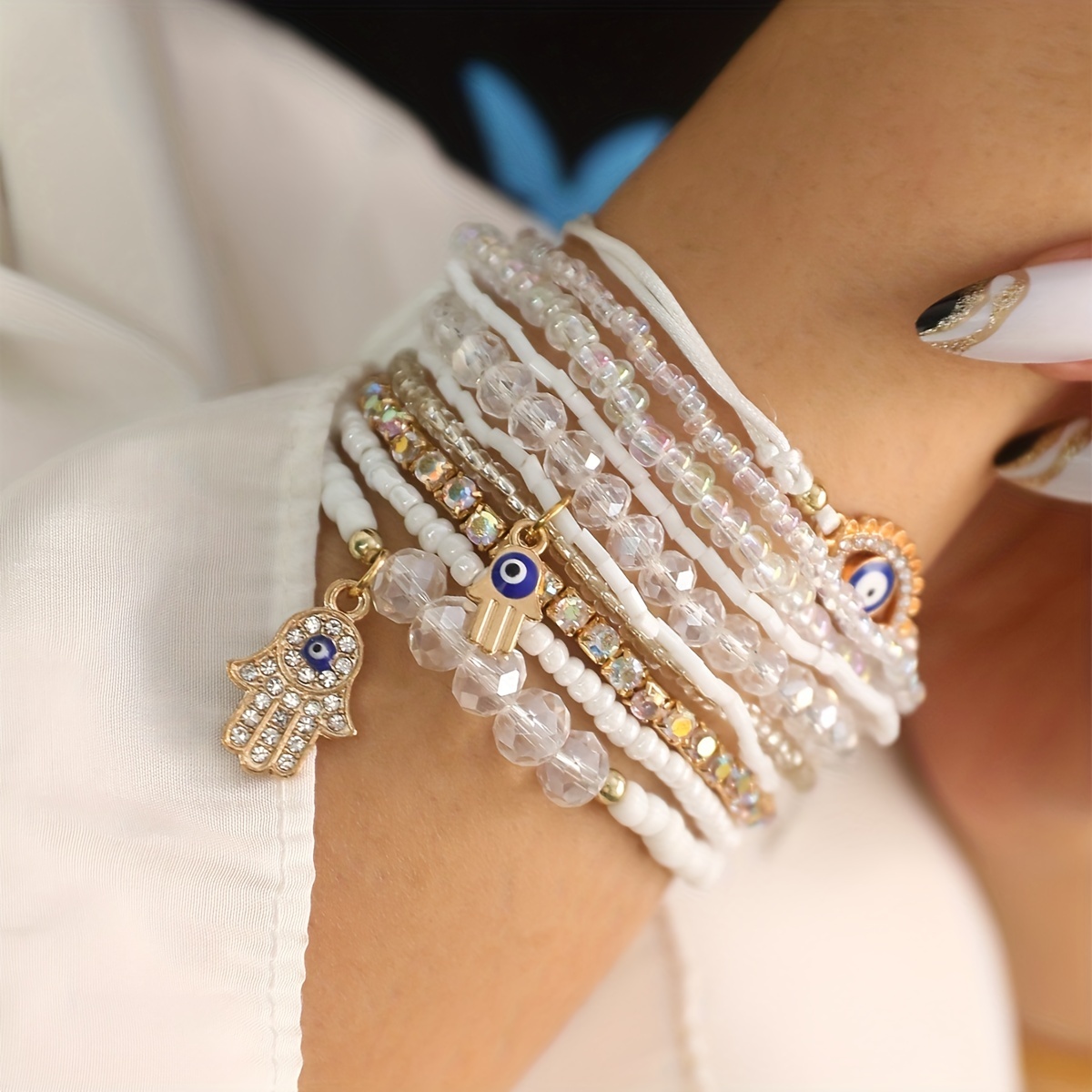 Bohemian Fatima Crystal Rhinestone Evil's Eye Cross Beads Bracelet Set For  Women Vacation Party Decor Gift - Temu United Arab Emirates