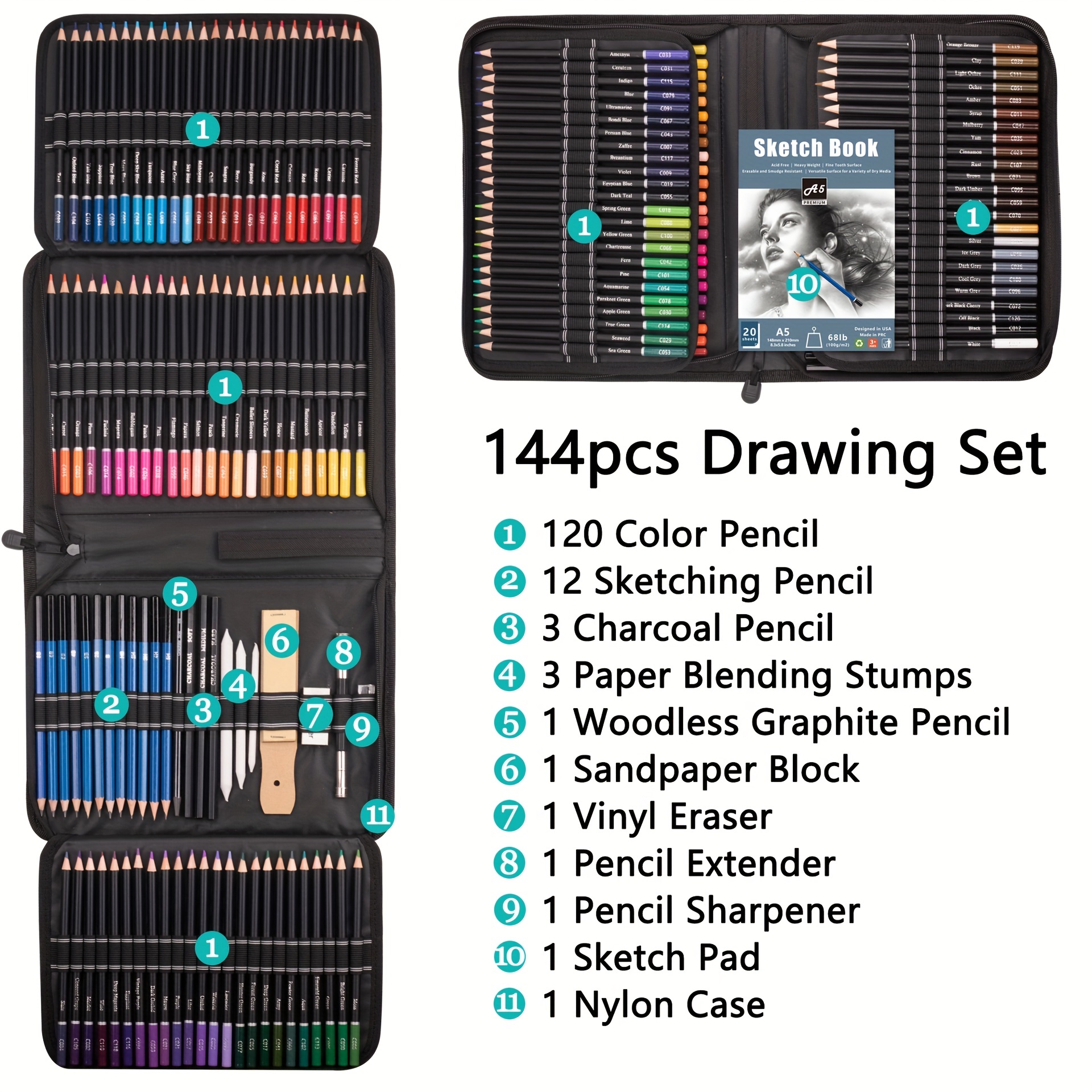 US Art Supply 44-Piece Drawing & Sketching Art Set with 4 Sketch Pads (242  Paper Sheets) - Professional Artist Kit, Graphite, Charcoal, Pastel Pencils