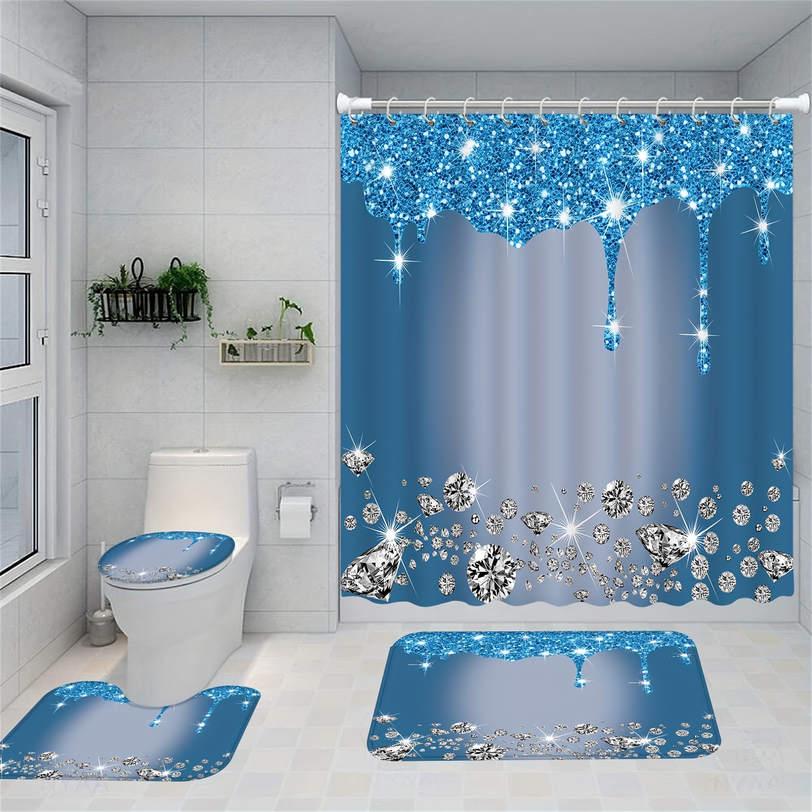 Cortinas De Baño Set Completo Juego 4 Pieza Para Ducha Bano Elegante Azul  Oferta