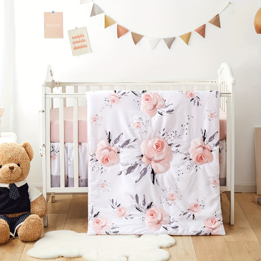 Pink Elephant - Juego de ropa de cama para cuna de bebé, 3 piezas, para  niñas, con edredón de bebé, sábana bajera ajustable, falda de cuna