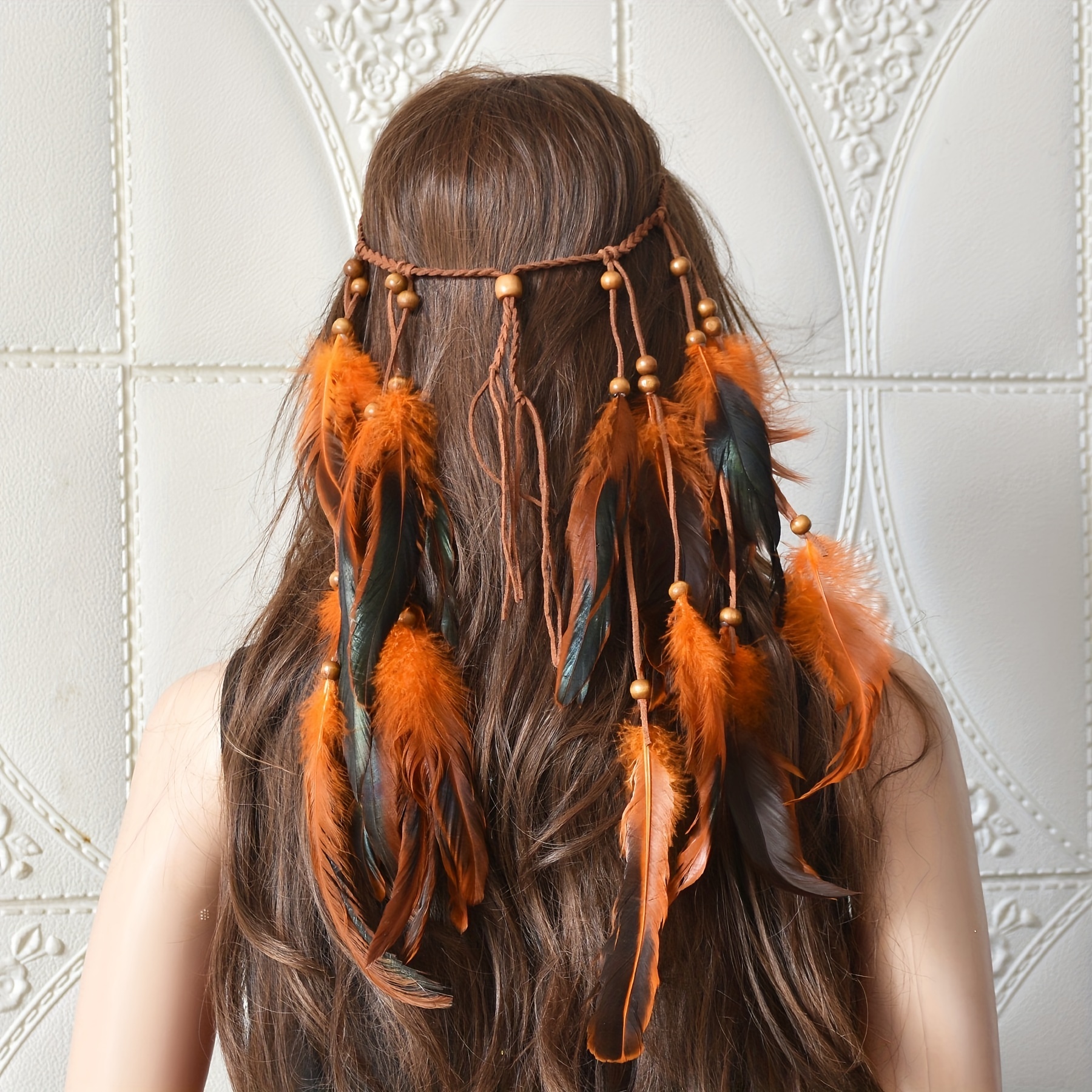 Tocado étnico de plumas de carnaval, tocado de pluma, diadema de plumas,  corona indio de Halloween, accesorios para el cabello (azul)