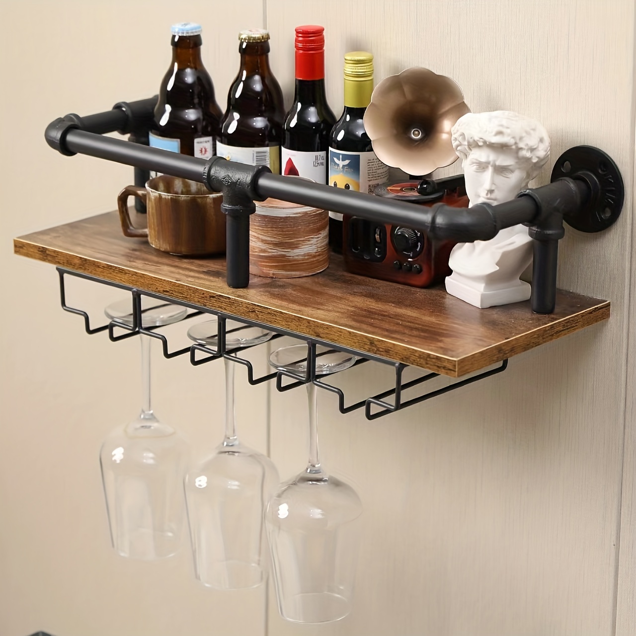 Wall Bar Shelves Industrial Pipe Shelving with 4 Stem Glass Holder, 4-Tiers  Rustic Floating Wine