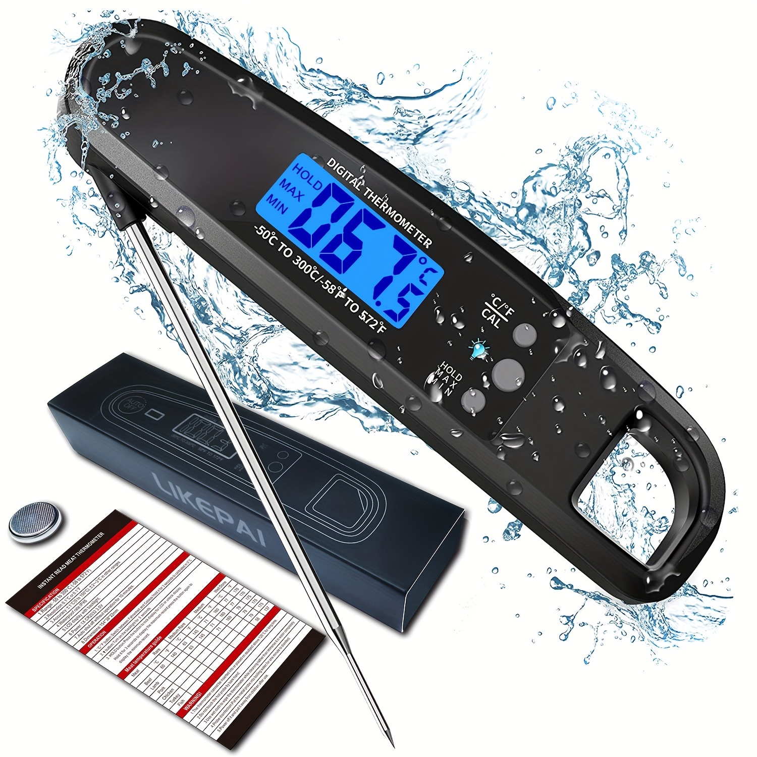 1pc Waterproof Digital Instant Read Meat Thermometer With 4.6Folding Probe  Backlight & Calibration Function For Cooking, Thermometer Digital Thermome