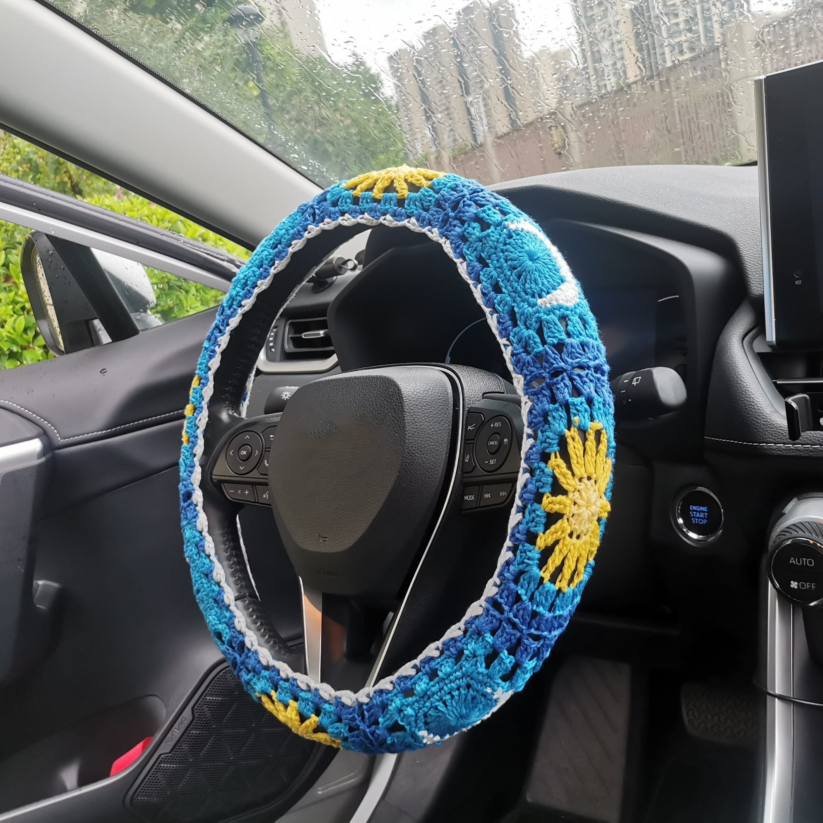 5 Pieces Bling Car Accessories Set Crystal Diamond Car Steering Wheel Cover  Faux Fur Auto Center Console Pad Cup Holders Rhinestone Ring Sticker for