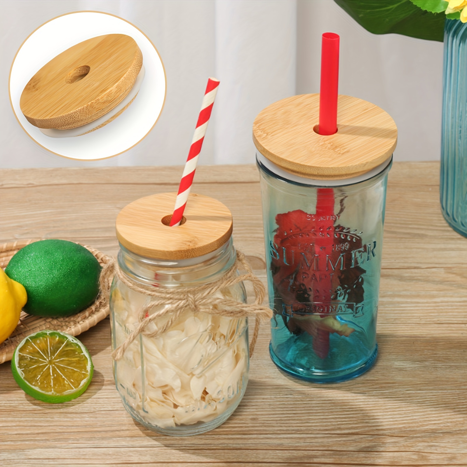  Mason Jar Lids with Straw, Reusable Bamboo Lids, Wide Mouth Mason  Jar Tumbler Lids, Mason Jar Tops with 2 Reusable Stainless Steel Straw - 2  Packs: Home & Kitchen